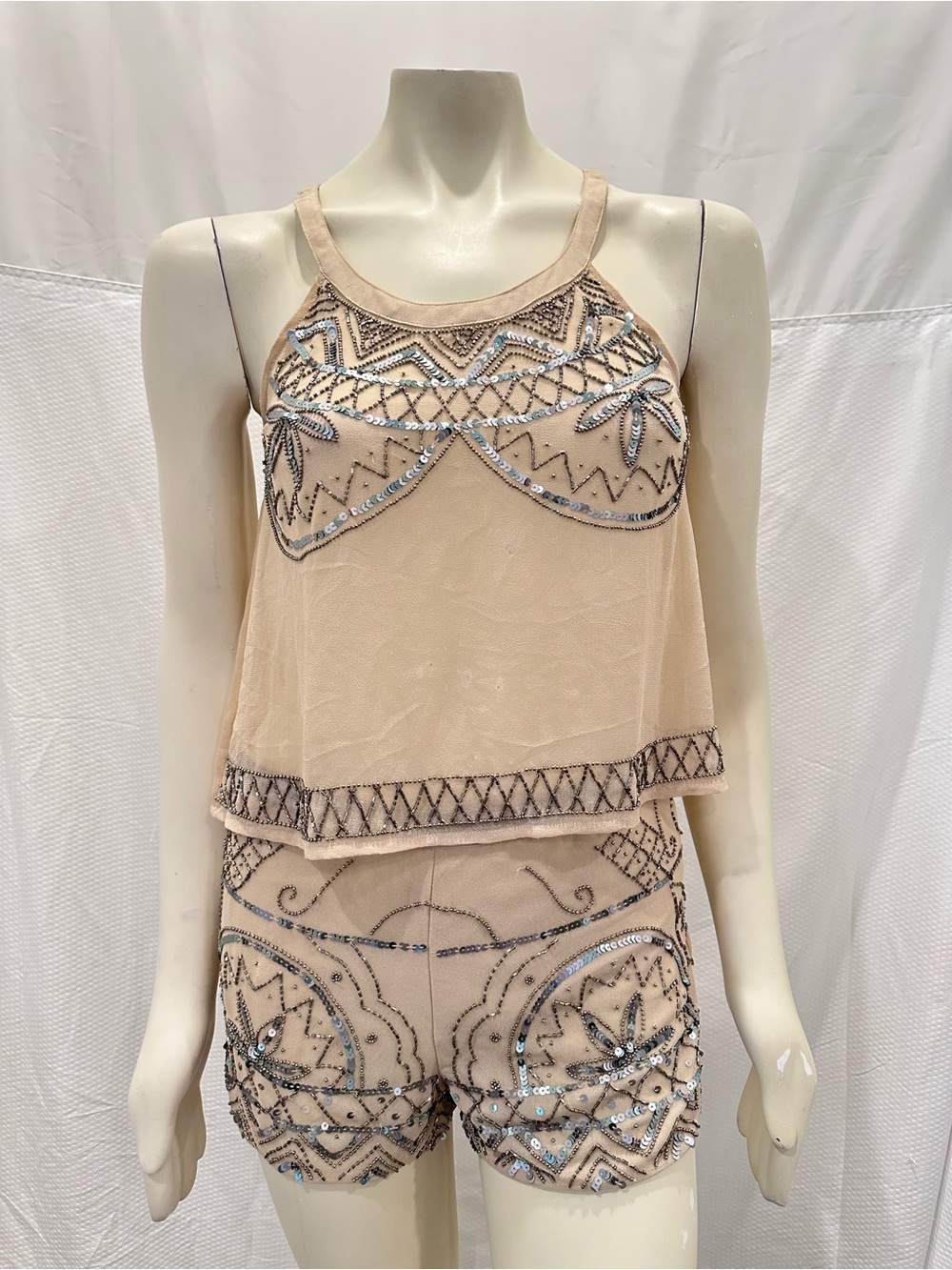 NWT RAGA Nude Beaded Sheer Camisole and Short Set